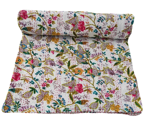 White Floral Queen Kantha Quilt Bedspreads