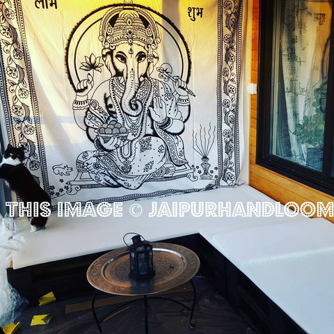White Lord Ganesha Hindu Tie-Dye Cotton Indian Tapestry Wall Hanging-Jaipur Handloom
