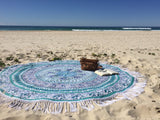 White Multi Birds Circle Mandala Round Beach Towel, Fringed Roundie-Jaipur Handloom