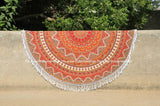 White & Orange Elephant Medallion Circle Roundie Beach Towel Throw-Jaipur Handloom