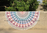 White & Orange Tassles Peacock Medallion Circle Roundie Beach Towel Throw-Jaipur Handloom