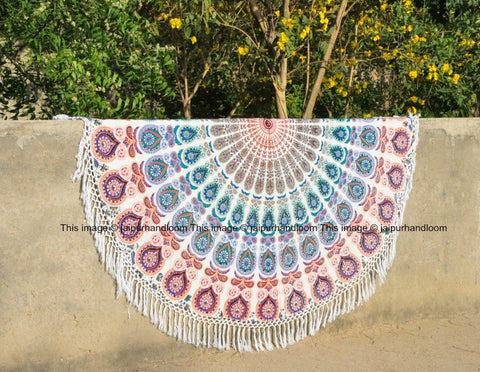 White & Orange Tassles Peacock Medallion Circle Roundie Beach Towel Throw-Jaipur Handloom
