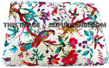 White Queen Sari Kantha Quilt Bedspreads in Bird print-Jaipur Handloom