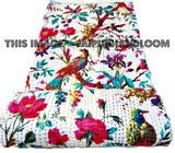White Queen Sari Kantha Quilt Bedspreads in Bird print-Jaipur Handloom
