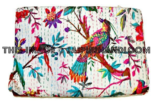 White Queen Sari Kantha Quilt Bedspreads in Bird print-Jaipur Handloom
