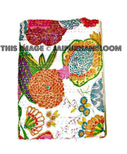 White Tropicana Floral Kantha Quilt in Queen Bedspread-Jaipur Handloom