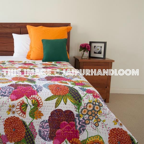 White Tropicana Floral Kantha Quilt in Queen Bedspread-Jaipur Handloom