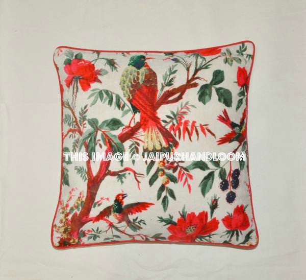 White Velvet Pillow In Bird Print, Velvet Pillow Cover, Decorative Throw Pillow, Cushion Cover, Indian Pillow Cover, Floor Pillow-Jaipur Handloom
