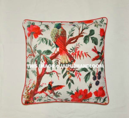 White Velvet Pillow In Bird Print, Velvet Pillow Cover, Decorative Throw Pillow, Cushion Cover, Indian Pillow Cover, Floor Pillow-Jaipur Handloom