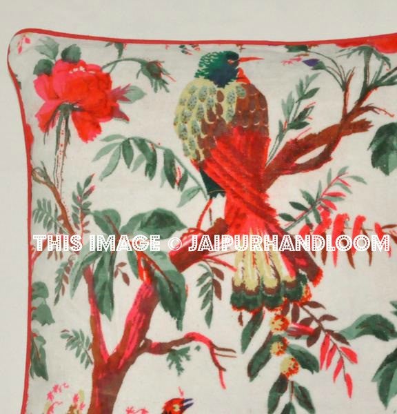 White Velvet Pillow In Bird Print, Velvet Pillow Cover, Decorative Throw Pillow, Cushion Cover, Indian Pillow Cover, Floor Pillow-Jaipur Handloom