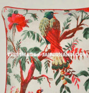 White Velvet Pillow In Bird Print, Velvet Pillow Cover, Decorative Throw Pillow, Cushion Cover, Indian Pillow Cover, Floor Pillow-Jaipur Handloom