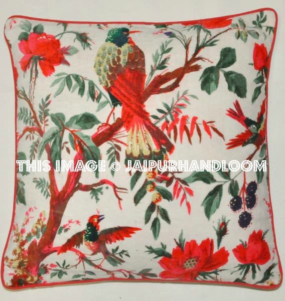 White Velvet Pillow In Bird Print, Velvet Pillow Cover, Decorative Throw Pillow, Cushion Cover, Indian Pillow Cover, Floor Pillow-Jaipur Handloom