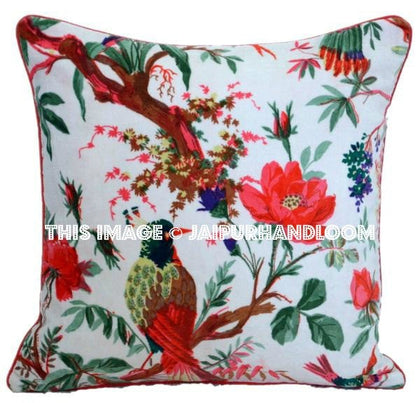White Velvet Pillow In Bird Print, Velvet Pillow Cover, Decorative Throw Pillow, Cushion Cover, Indian Pillow Cover, Floor Pillow-Jaipur Handloom