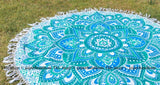 White and Blue Floral Ombre Mandala Circle Cotton Beach Throw-Jaipur Handloom