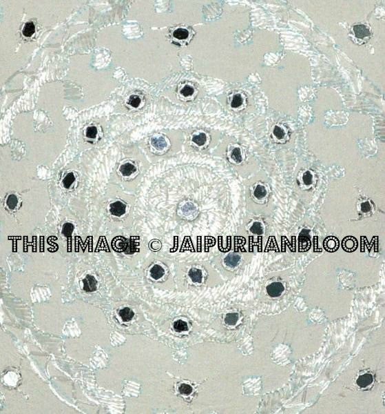 White decorative Throw Pillow Indian Mirror Work Gypsy PIllow Large Bohemian cushion-Jaipur Handloom