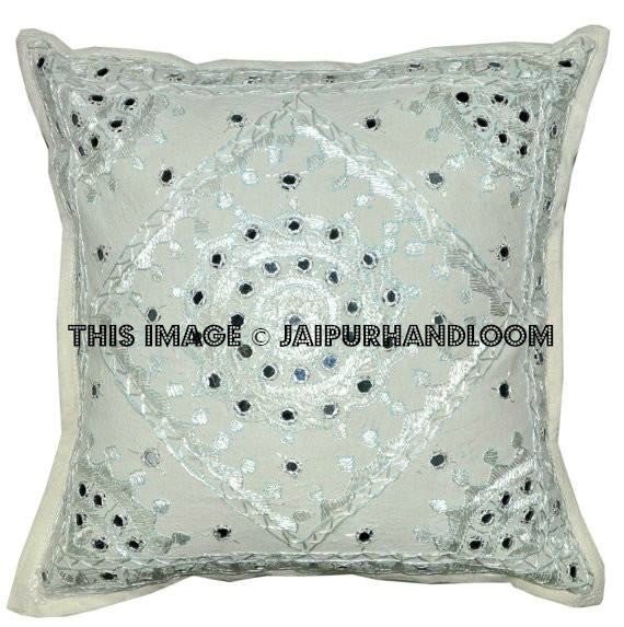 White decorative Throw Pillow Indian Mirror Work Gypsy PIllow Large Bohemian cushion-Jaipur Handloom