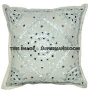 White decorative Throw Pillow Indian Mirror Work Gypsy PIllow Large Bohemian cushion-Jaipur Handloom