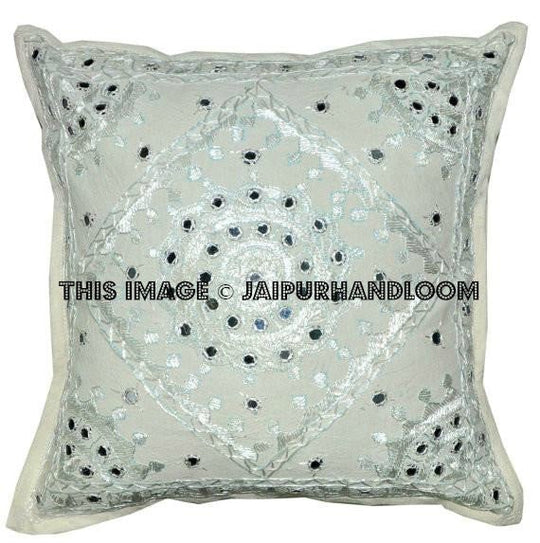 White decorative Throw Pillow Indian Mirror Work Gypsy PIllow Large Bohemian cushion-Jaipur Handloom