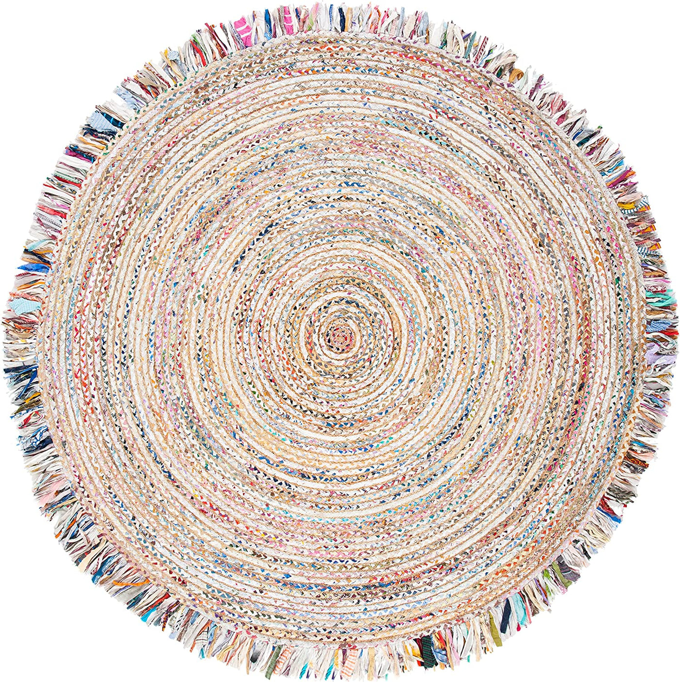 White, ivory Round Rug, Hand Braided Chindi Rug Rag with tassels and fringes