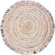 White, ivory Round Rug, Hand Braided Chindi Rug Rag with tassels and fringes