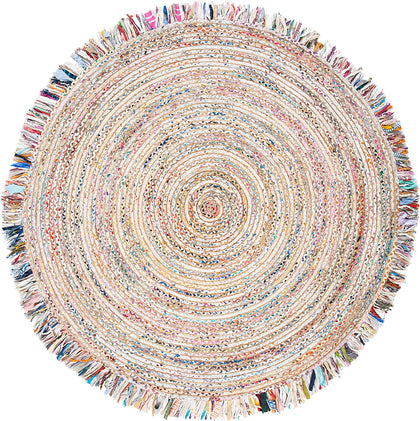 White, ivory Round Rug, Hand Braided Chindi Rug Rag with tassels and fringes