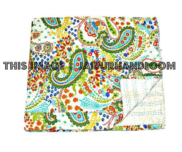 White paisley Kantha Quilt Queen Quilt Bedding Throw-Jaipur Handloom