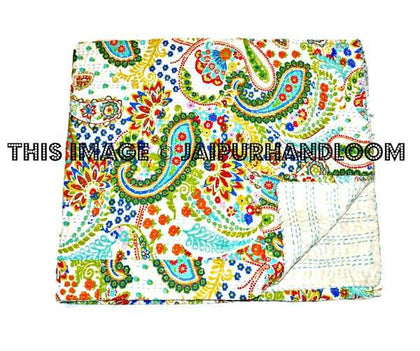 White paisley Kantha Quilt Queen Quilt Bedding Throw-Jaipur Handloom