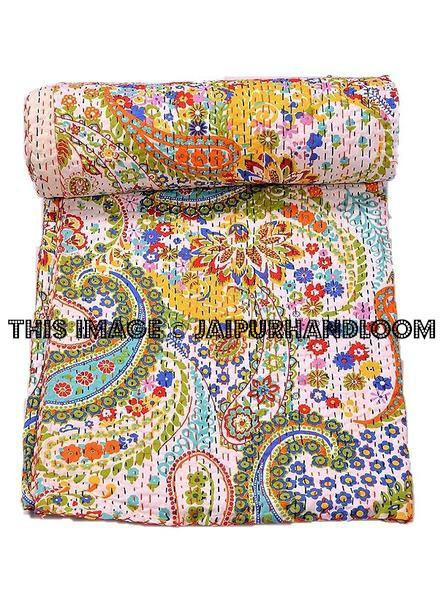 White paisley Kantha Quilt Queen Quilt Bedding Throw-Jaipur Handloom