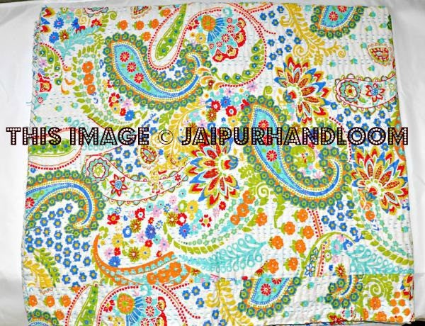 White paisley Kantha Quilt Twin Quilt Bedding Throw Sofa Cover-Jaipur Handloom
