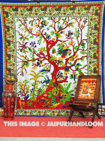 White tree of life tapestry Dorm Tapestries Tree Tapestries Wall hangings-Jaipur Handloom
