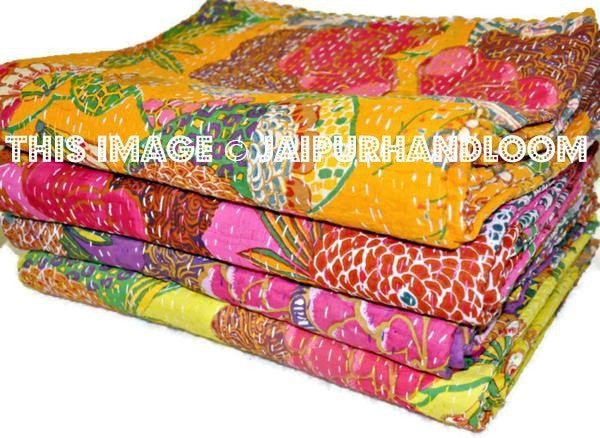Wholesale SET OF 3 Popular Kantha Quilt, Indian Sari Quilt, Quilted Bedspreads, Throws, Blanket, Gudari handmade tapestry Reversible Bedding-Jaipur Handloom