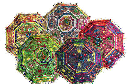 Wholesale Vintage Patchwork, Embroidered, Handmade, Ethnic Cotton Wedding Decoration Umbrella Bohemian Sun Parasol Umbrella-Jaipur Handloom