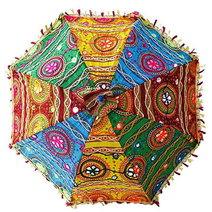 Wholesale Vintage Patchwork, Embroidered, Handmade, Ethnic Cotton Wedding Decoration Umbrella Bohemian Sun Parasol Umbrella-Jaipur Handloom