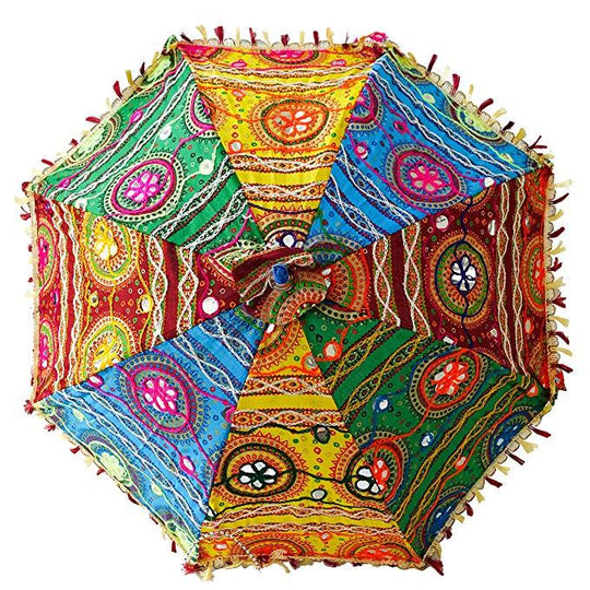 Wholesale Vintage Patchwork, Embroidered, Handmade, Ethnic Cotton Wedding Decoration Umbrella Bohemian Sun Parasol Umbrella-Jaipur Handloom