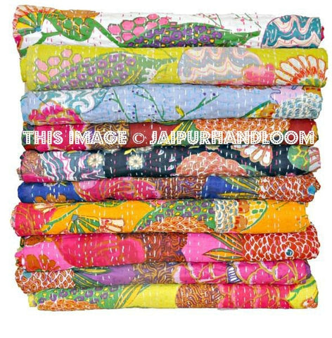 Wholesale lot of 10 Kantha Quilts Queen Floral Kantha Blanket Vintage Sofa Throw-Jaipur Handloom