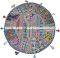 XL 32" Blue Round Floor Pillow Cushion round seating Bohemian Patchwork floor cushion pouf Vintage Indian Foot Stool Bean Bag seat-Jaipur Handloom
