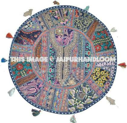 XL 32" Blue Round Floor Pillow Cushion round seating Bohemian Patchwork floor cushion pouf Vintage Indian Foot Stool Bean Bag seat-Jaipur Handloom