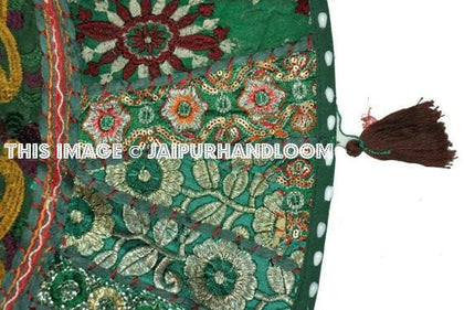 XL 32" Green Round Floor Pillow Cushion Green round seating Bohemian Patchwork floor cushion pouf Vintage Indian Foot Stool Bean Bag seat-Jaipur Handloom