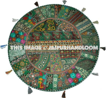 XL 32" Green Round Floor Pillow Cushion Green round seating Bohemian Patchwork floor cushion pouf Vintage Indian Foot Stool Bean Bag seat-Jaipur Handloom