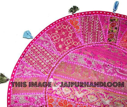 XL 32" Gypsy round seating Round Floor Pillow Cushion in Pink Bohemian Patchwork floor cushion pouf Vintage Indian Foot Stool Bean Bag seat-Jaipur Handloom