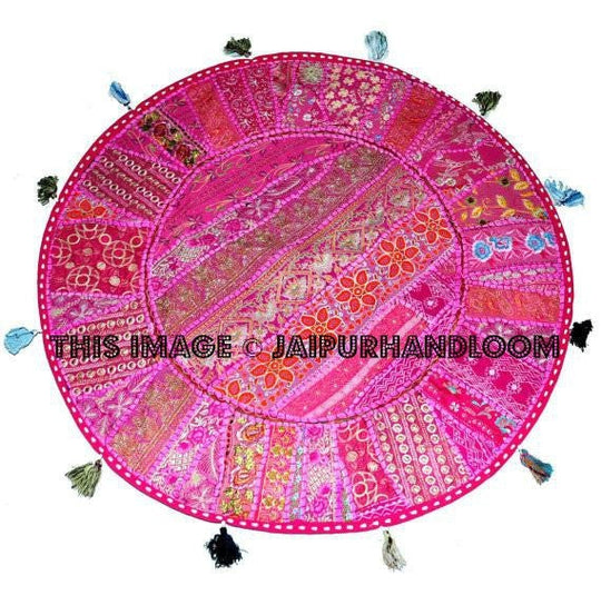 XL 32" Gypsy round seating Round Floor Pillow Cushion in Pink Bohemian Patchwork floor cushion pouf Vintage Indian Foot Stool Bean Bag seat-Jaipur Handloom