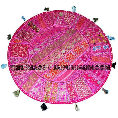 XL 32" Gypsy round seating Round Floor Pillow Cushion in Pink Bohemian Patchwork floor cushion pouf Vintage Indian Foot Stool Bean Bag seat-Jaipur Handloom