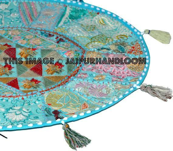 XL 32"  Large Round Blue Floor Pillow floor Cushion  Bohemian Patchwork floor cushion pouf Vintage Indian Foot Stool Bean Bag tapestry decor