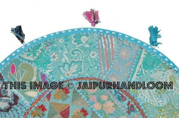 XL 32"  Large Round Blue Floor Pillow floor Cushion  Bohemian Patchwork floor cushion pouf Vintage Indian Foot Stool Bean Bag tapestry decor