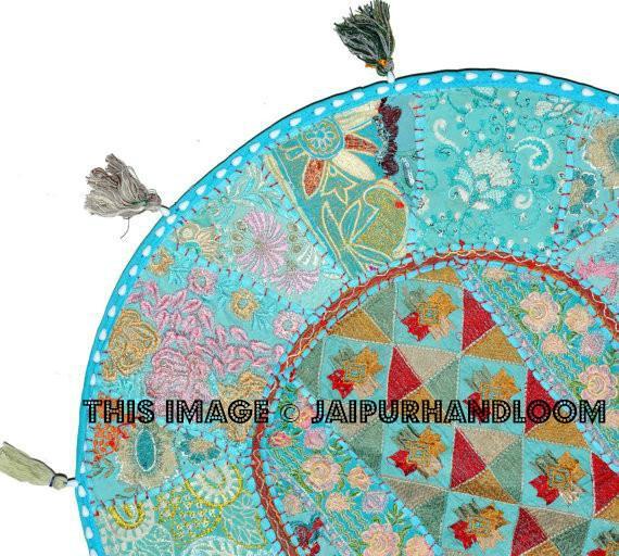 XL 32"  Large Round Blue Floor Pillow floor Cushion  Bohemian Patchwork floor cushion pouf Vintage Indian Foot Stool Bean Bag tapestry decor