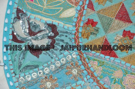 XL 32"  Large Round Blue Floor Pillow floor Cushion  Bohemian Patchwork floor cushion pouf Vintage Indian Foot Stool Bean Bag tapestry decor
