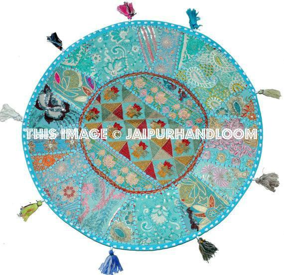 XL 32"  Large Round Blue Floor Pillow floor Cushion  Bohemian Patchwork floor cushion pouf Vintage Indian Foot Stool Bean Bag tapestry decor
