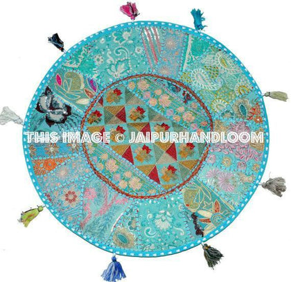 XL 32"  Large Round Blue Floor Pillow floor Cushion  Bohemian Patchwork floor cushion pouf Vintage Indian Foot Stool Bean Bag tapestry decor