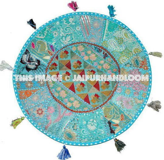 XL 32"  Large Round Blue Floor Pillow floor Cushion  Bohemian Patchwork floor cushion pouf Vintage Indian Foot Stool Bean Bag tapestry decor