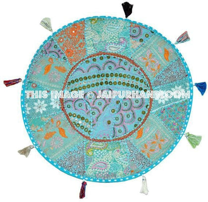 XL 32" Round Blue Floor Pillow Cushion in Turquoise Bohemian Patchwork floor cushion pouf Vintage Indian Foot Stool Bean Bag tapestry decor-Jaipur Handloom
